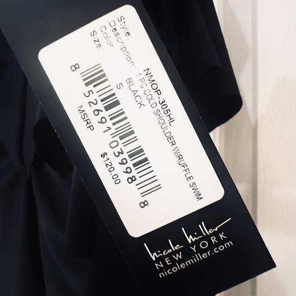 NWT Nicole Miller Black Ruffled Cold Shoulder One-Piece Swimsuit Size S $120 - Picture 6 of 8